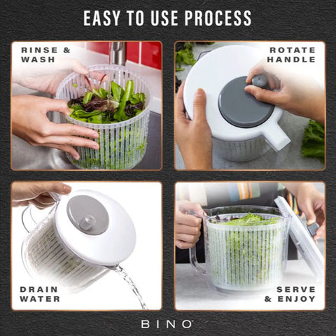 Step-by-step process of using a salad spinner with text 'Easy to Use Process' and 'BINO' branding.
