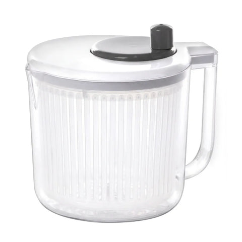 Clear plastic salad spinner with white lid and black handle on a white background