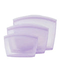 Set of three purple silicone snack bags on a white background