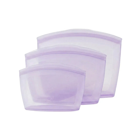 Set of three purple silicone snack bags on a white background