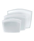 Three white silicone snack pouches on a white background