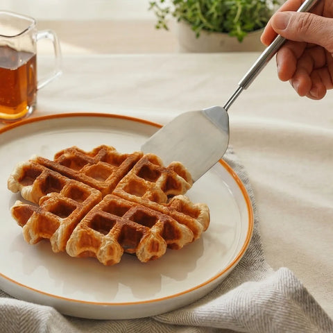 Waffle being cut with a spatula on a plate, with a cup of tea and plant in the background.