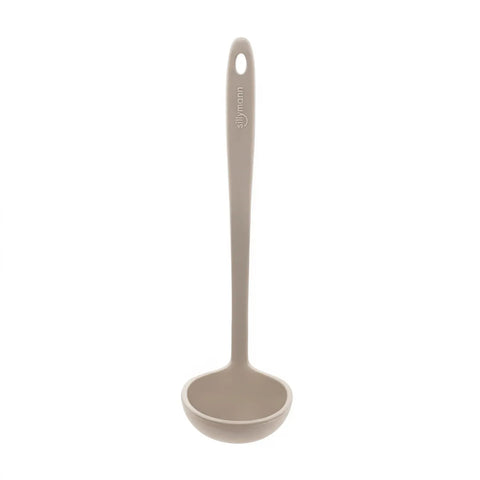 Gray ladle with a visible brand logo on a white background