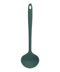 Dark green silicone ladle on a white background