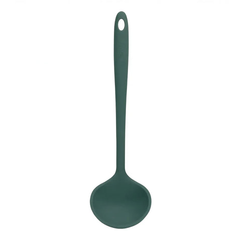 Dark green silicone ladle on a white background