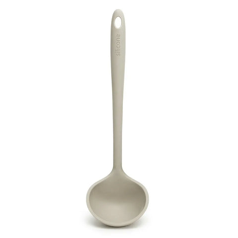 Gray silicone ladle on a white background