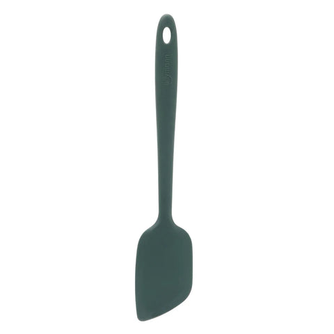 Dark green silicone spatula on a white background