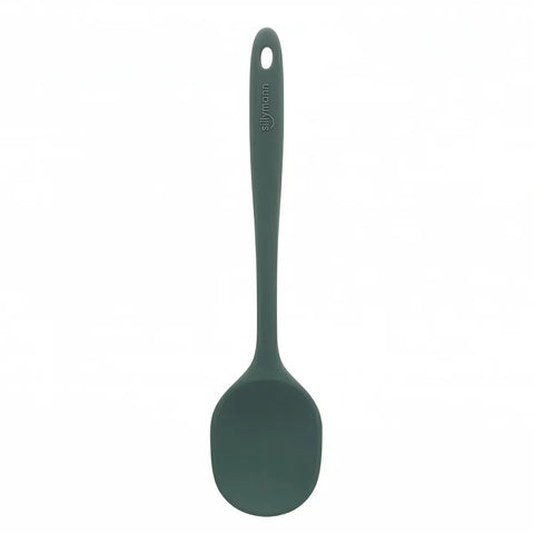 Dark green silicone cooking spoon on white background