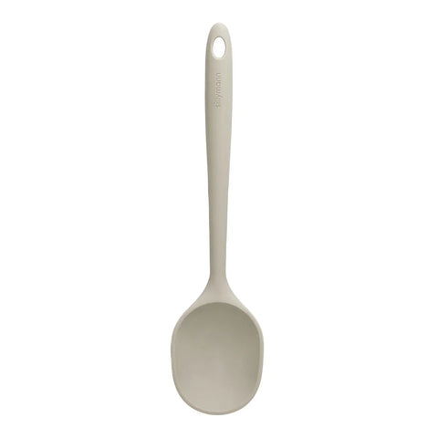 Gray silicone cooking spoon on a white background