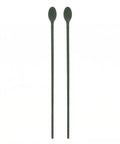 Dark green silicone cooking chopsticks with spoon head at one end on a white background