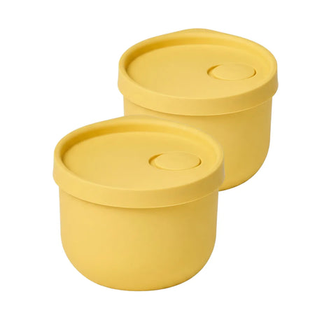 Two yellow containers with lids on a white background
