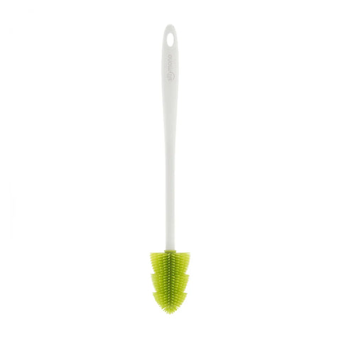 Cleaning brush with lime green brush head on a white background