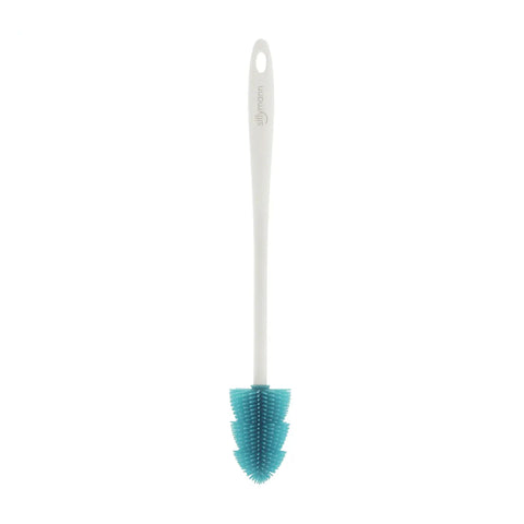 Cleaning brush with blue bristle head on a white background