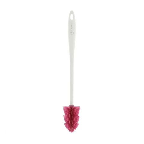 Pink bottle brush with a white handle on a white background