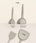 Set of kitchen turners with labels for 'Harmony Turner', 'Harmony Plus Wing Turner', and 'Large' on a light background.