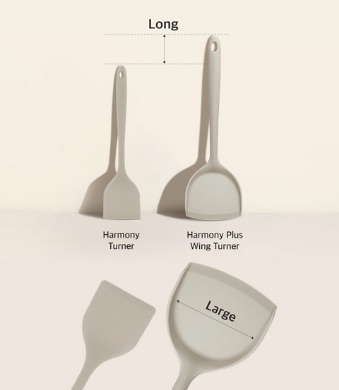 Set of kitchen turners with labels for 'Harmony Turner', 'Harmony Plus Wing Turner', and 'Large' on a light background.