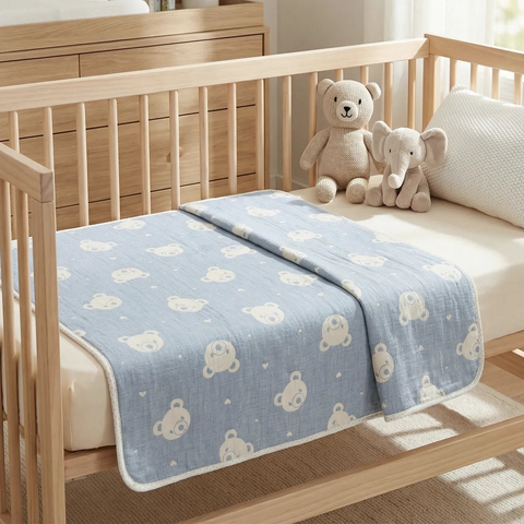 Wooden crib with a blue baby blanket featuring animal patterns and two plush toys inside.
