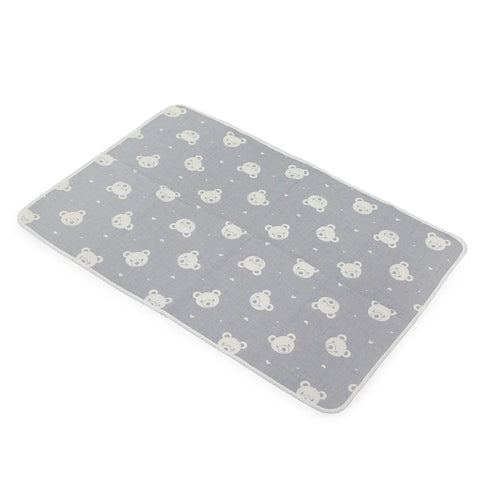 Kids blanket with textured gray base and white teddy bear pattern on a white background