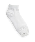 White ankle sock with a brand label on a white background