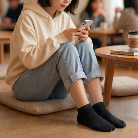 Woman on her phone sitting on the floor wearing black ankle socks