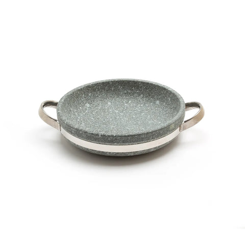 Two-handled stone cookware pan on a white background