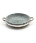 Gray stone-patterned pan with silver handles on a white background