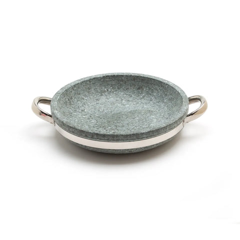 Gray stone-patterned pan with silver handles on a white background