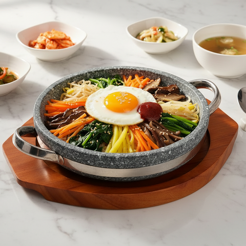 Stone pot bibimbap with various ingredients on a wooden tray