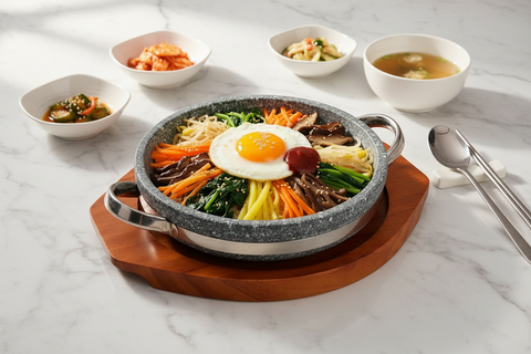 Korean dish with rice, vegetables, and a fried egg on a marble surface with side dishes.