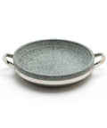 Gray stone-patterned pan with silver handles on a white background