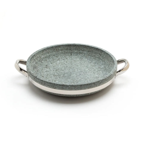 Gray stone-patterned pan with silver handles on a white background
