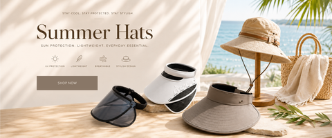 A promotional banner for summer hats showing three sun visor hats in different colors (black, white, and beige) on a beach table setup with a beach background. The text 'Summer Hats' is displayed on the left with icons and a 'SHOP NOW' button.