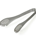 Slotted stainless steel tongs with serrated grip edges on a white background.