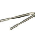 Stainless steel tongs with serrated edges on a white background.