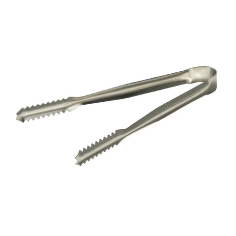 Stainless steel tongs with serrated edges on a white background.