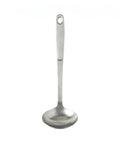 Stainless steel ladle on a white background.
