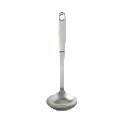 Stainless steel ladle on a white background.