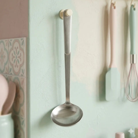 Stainless steel ladle hanging on a white hook in a pastel green and pink kitchen.