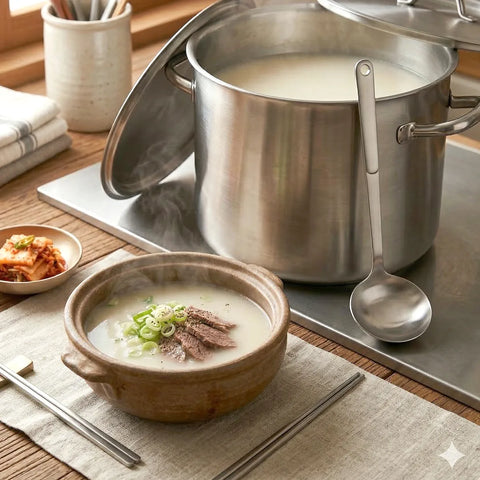 A large pot of Korean beef bone broth and a steaming bowl of it with side dishes next to a ladle.