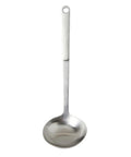 Stainless steel ladle on a white background.