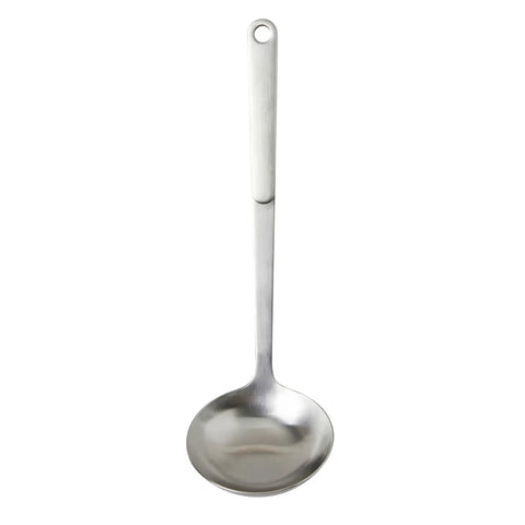Stainless steel ladle on a white background.