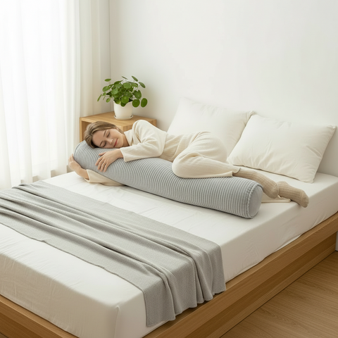 Person sleeping on a bed with a long cylindrical pillow