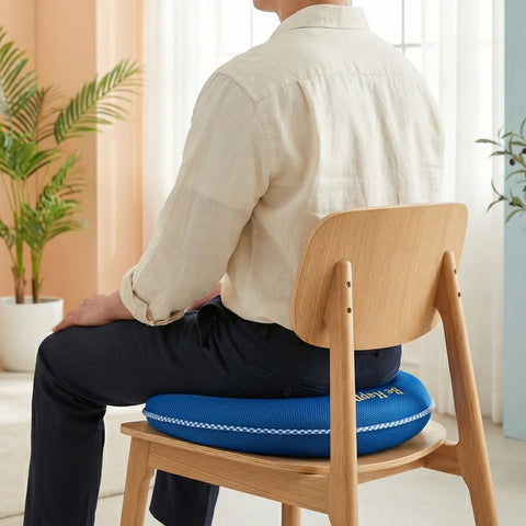 Person sitting on a wooden chair with a blue cushion, surrounded by plants and light-colored walls.