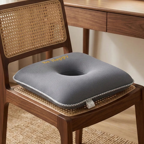 Gray donut cushion on a wooden chair with a desk in the background