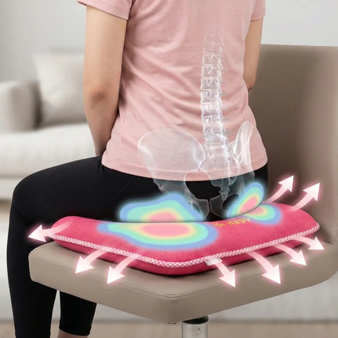 Person sitting on a chair with a pink seat cushion, showing a digital overaly of spine and pelvis, highlighting spinal health