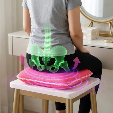 Person sitting on a pink cushion with a digital overlay of a spine and pelvis.