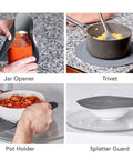 Set of kitchen tools including a jar opener, trivet, pot holder, and splatter guard with usage examples.