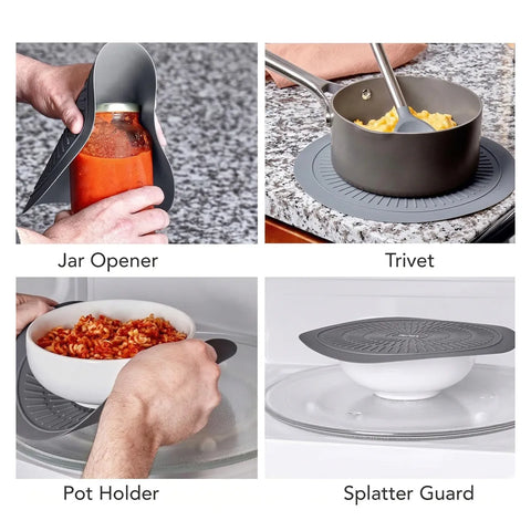 Set of kitchen tools including a jar opener, trivet, pot holder, and splatter guard with usage examples.