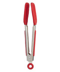 Red tongs with silicone handles on a white background