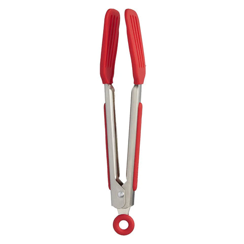 Red tongs with silicone handles on a white background